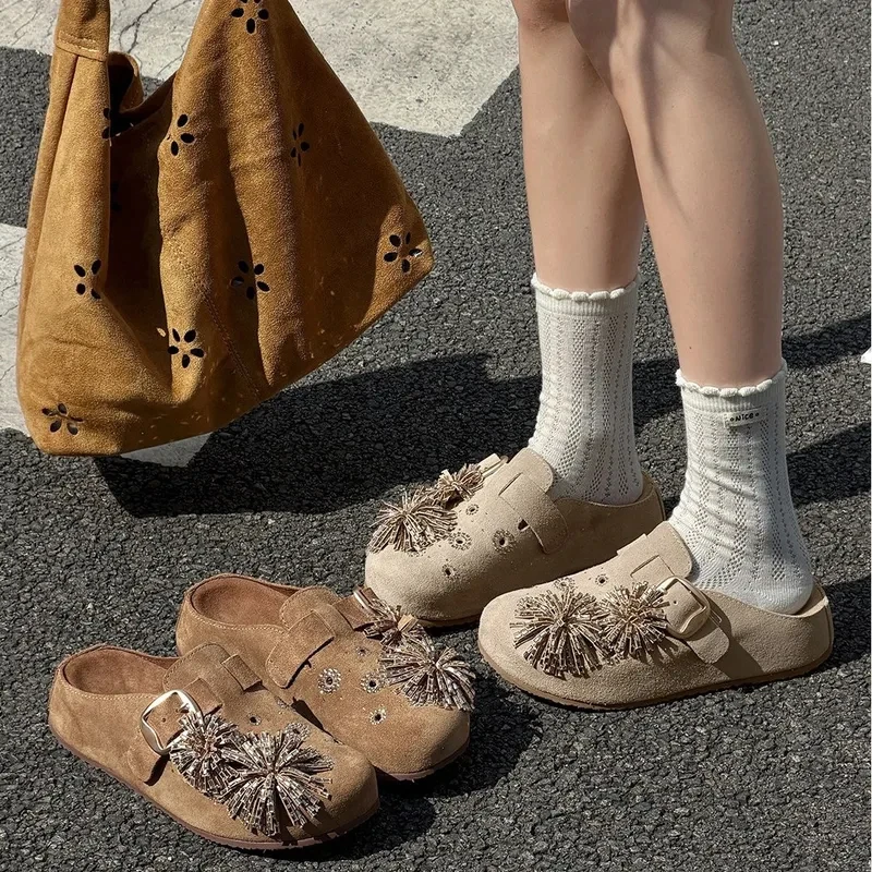 Women's Western Rhinestone Mules Boho Buckle Slip On Clogs Closed Toe Casual Flat Shoes Vintage Cowgirl Slides
