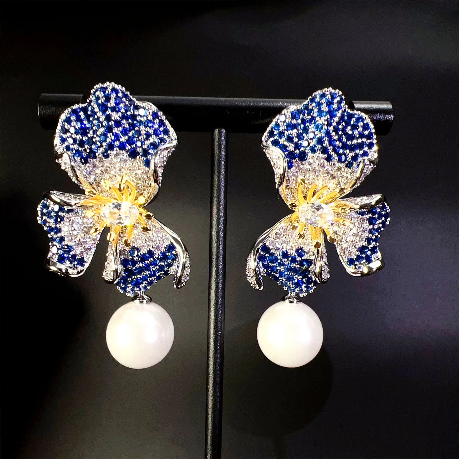 

Vintage Sapphire Flower Pearls Elegant Earrings Women's Summer Event Prom Evening Wedding Wear Zirconia Jewellery Set Dress E79