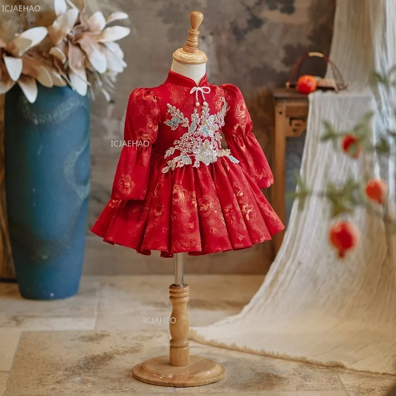 

Красное китайское платье-ципао для девочки на первый день рождения, нарядное платье для детей, традиционное платье-ципао для праздничного банкета, платье принцессы для вечеринки