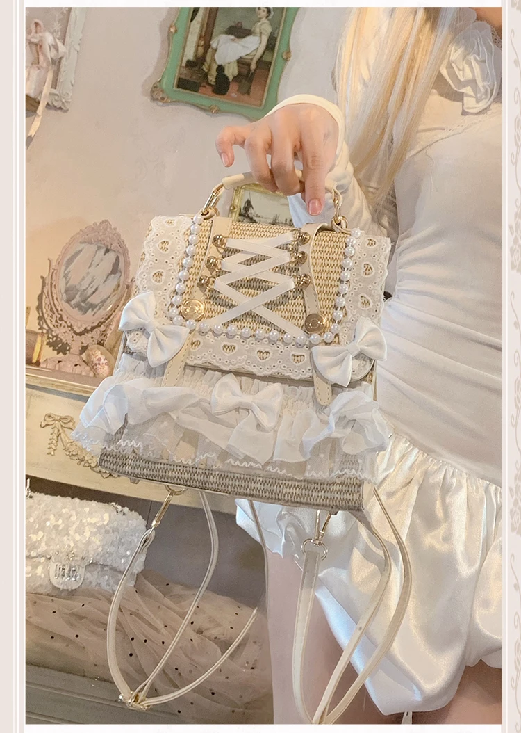 2025 Original Lolita Two-tone Bow Pearl Ribbon Cute Straw Bag Sweet Pastoral Shoulder Tote Bag Daily Backpack
