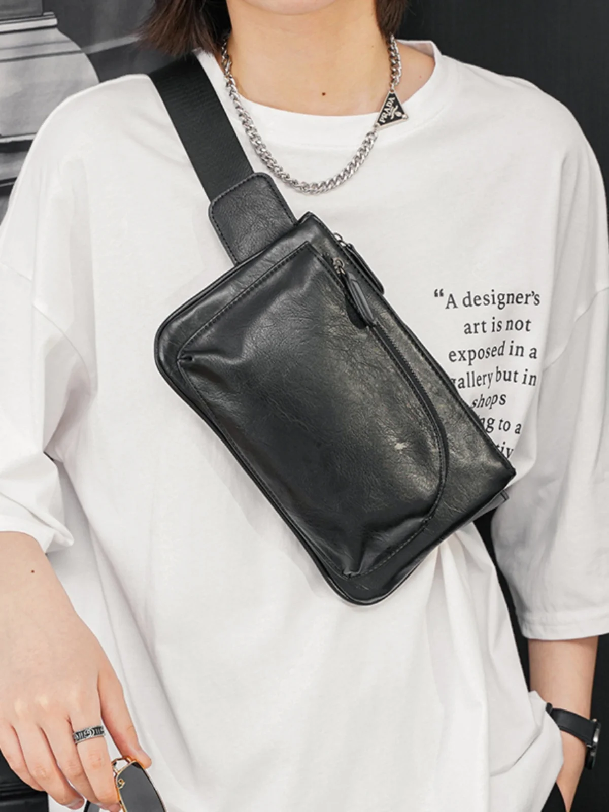 

Street Fashion Men's Crossbody Chest Bag Mobile Phone Bag Soft PU Leather Youth Casual Bag Etonweig Brand New 2024 Summer