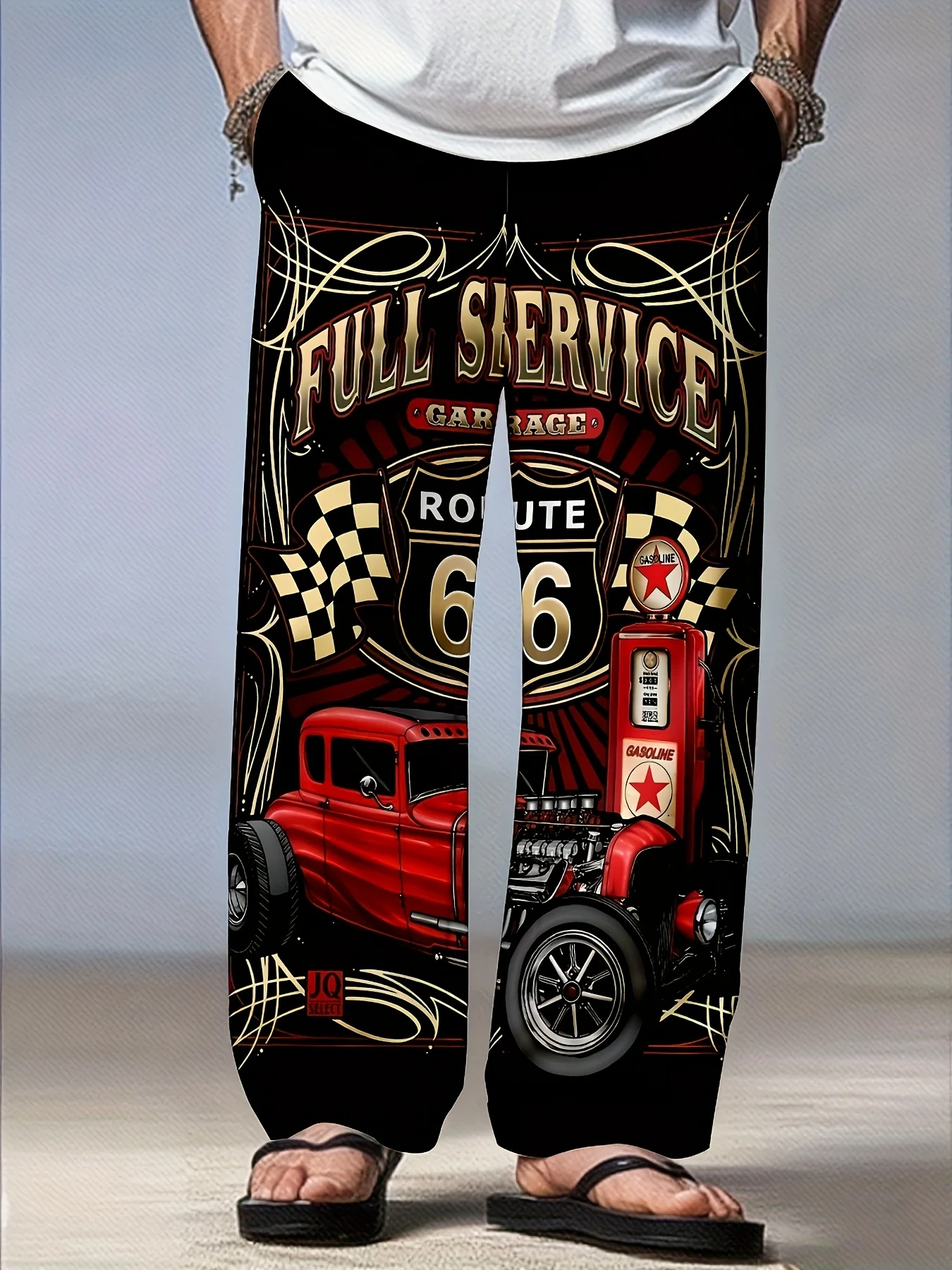 2026 Summer Men's Vintage Route 66 Hot Rod 3D Print Casual Pants Fast Dry Breathable Elastic Waist Loose Fit Streetwear Trousers