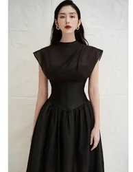 Fashionable High Waist Slim Black Semi transparent Dress for Women's Summer Pleated Design Round Neck A-line Long Dresses