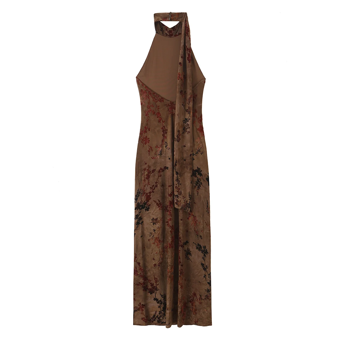 BSAY Herbst Chinesischer Stil Damen Vintage Neckholder-Maxikleid Schal-Band-Dekor Ärmellos Blumendruck Schlanke Passform Langes Kleid – Detail 3