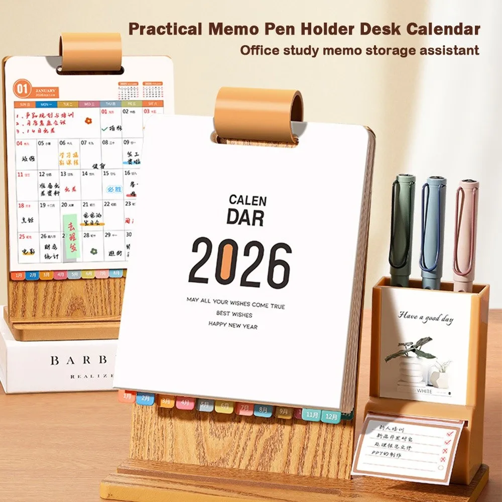 

Year of The Horse 2026 Desk Calendar with Pen Holder Gift Box Flip Calendar Student Stationery Wooden Desktop Ornament