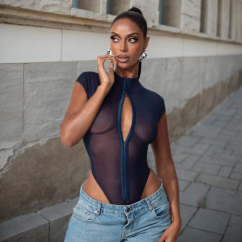 

European and American New Women's Crew Neck Metal Snap-on Triangle Shorts Jumpsuit