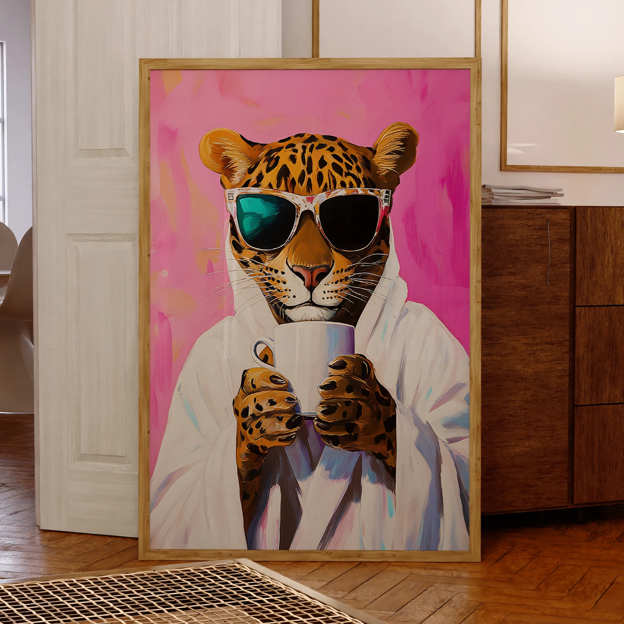 Moderne rosa Leopardenmuster Getränke Kaffee Dopamin Wand Kunstdrucke Leinwand Malerei Poster Bild für Wohnzimmer Home Decor