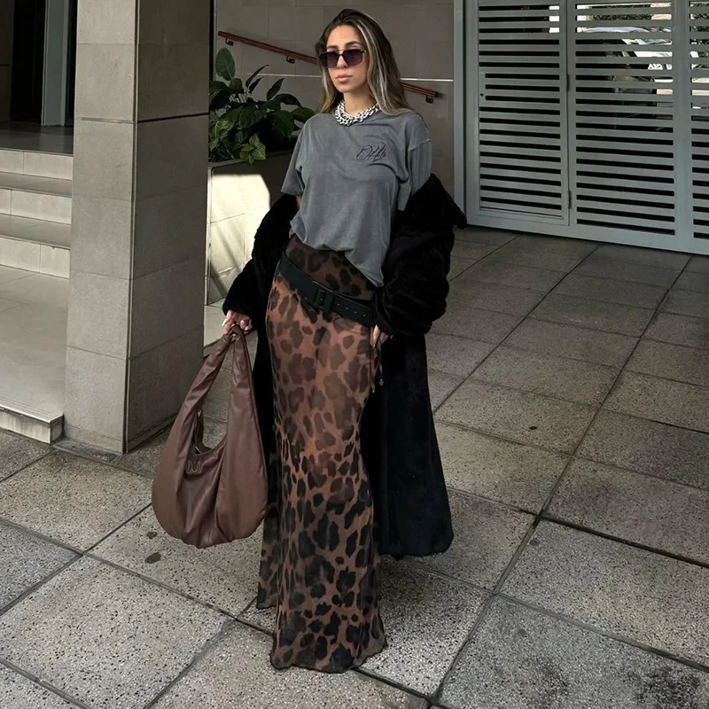 Moda feminina leopardo impressão malha sereia saias cordão bandagem cintura maxi saias festa sexy senhora transparente saias longas y2k