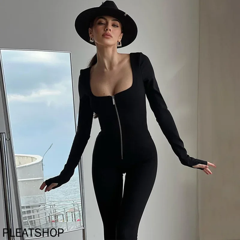 ヨーロッパとアメリカの女性の春夏ファッションスポーツ無地長袖ワンピースパンツスリムメタルジッパージャンプスーツ