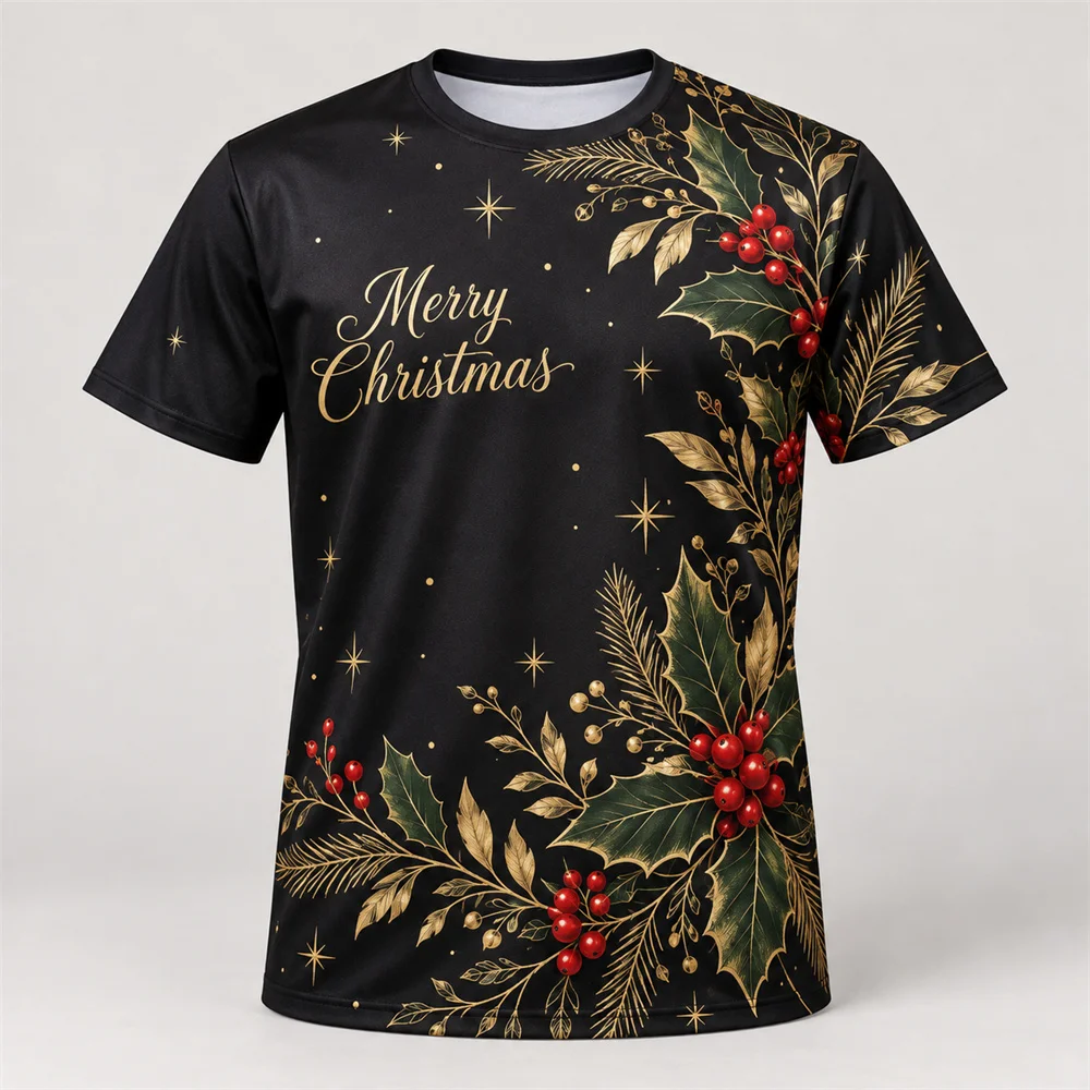 Merry Christmas Holly And Pine Cone Graphic T Shirt For Men Women Elegant Botanical Print Short Sleeve Festive Casual Top