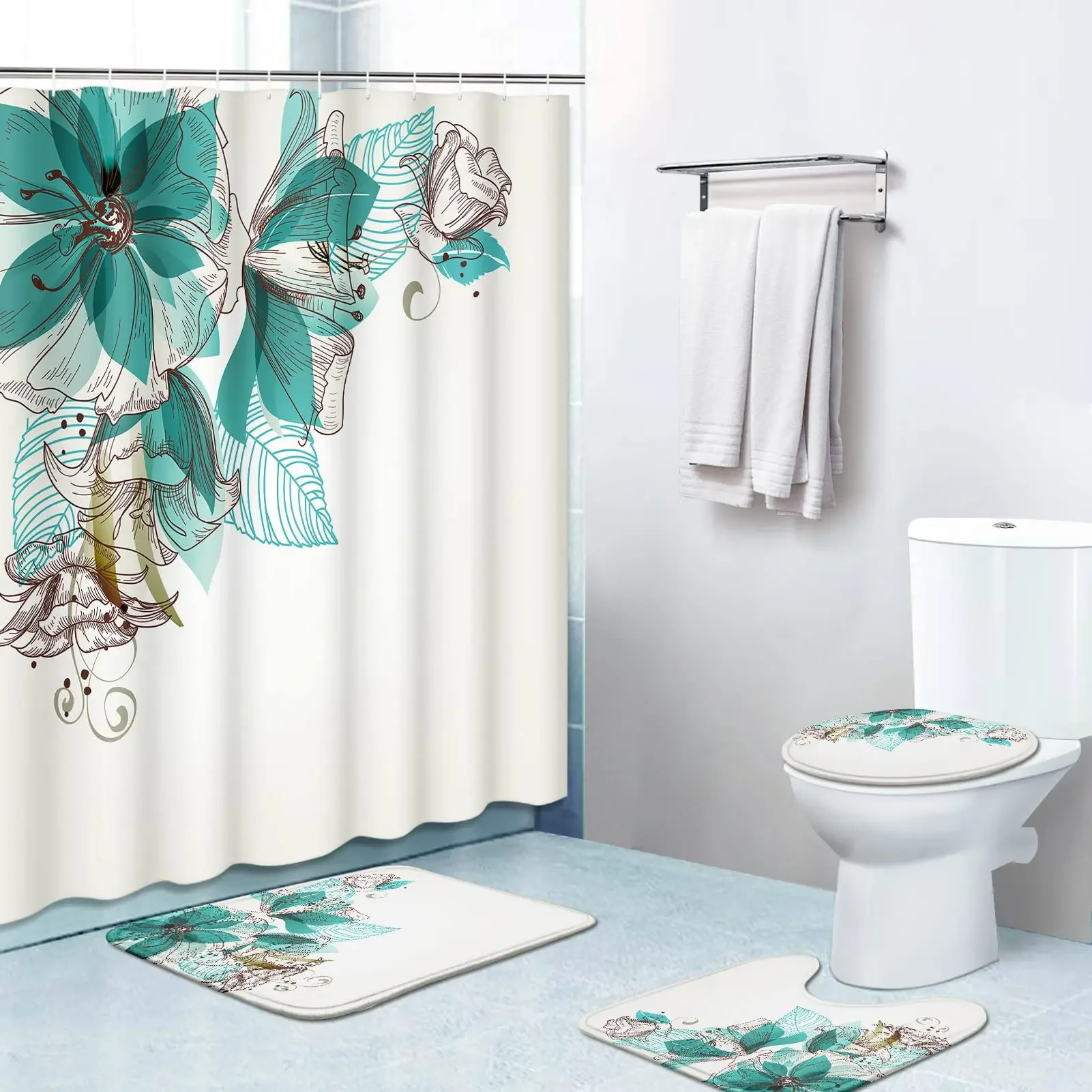 Retro Teal Flowers Floral Turquoise Rose with Non-Slip Rugs Shower Curtain Toilet Lid Cover and Bath Mat Waterproof Bathroom Set