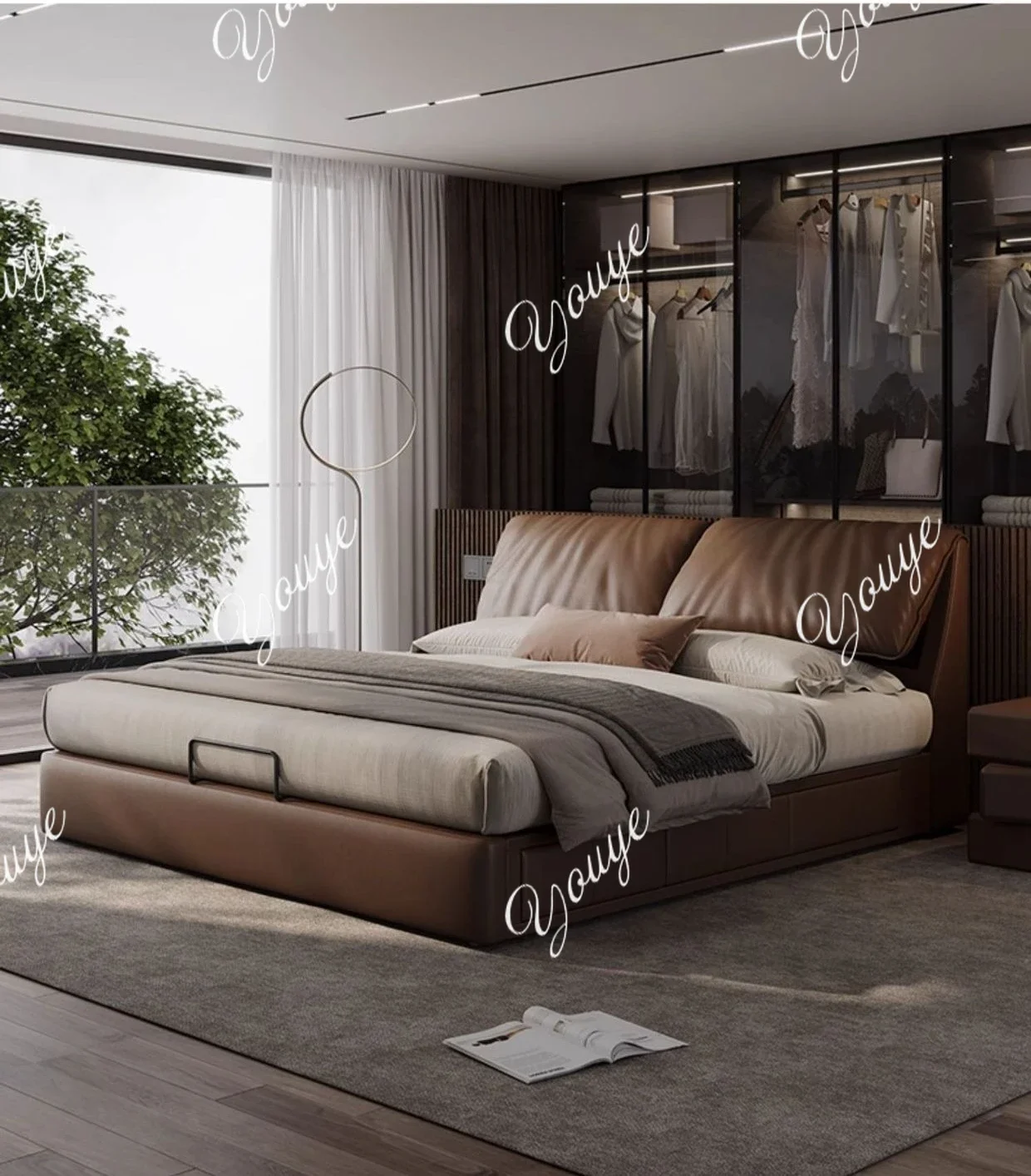 

N49 Кожаная кровать, светлая роскошь, современная главная спальня длиной 2 м, двуспальная кровать, многофункциональное хранилище, мягкая кровать из бука