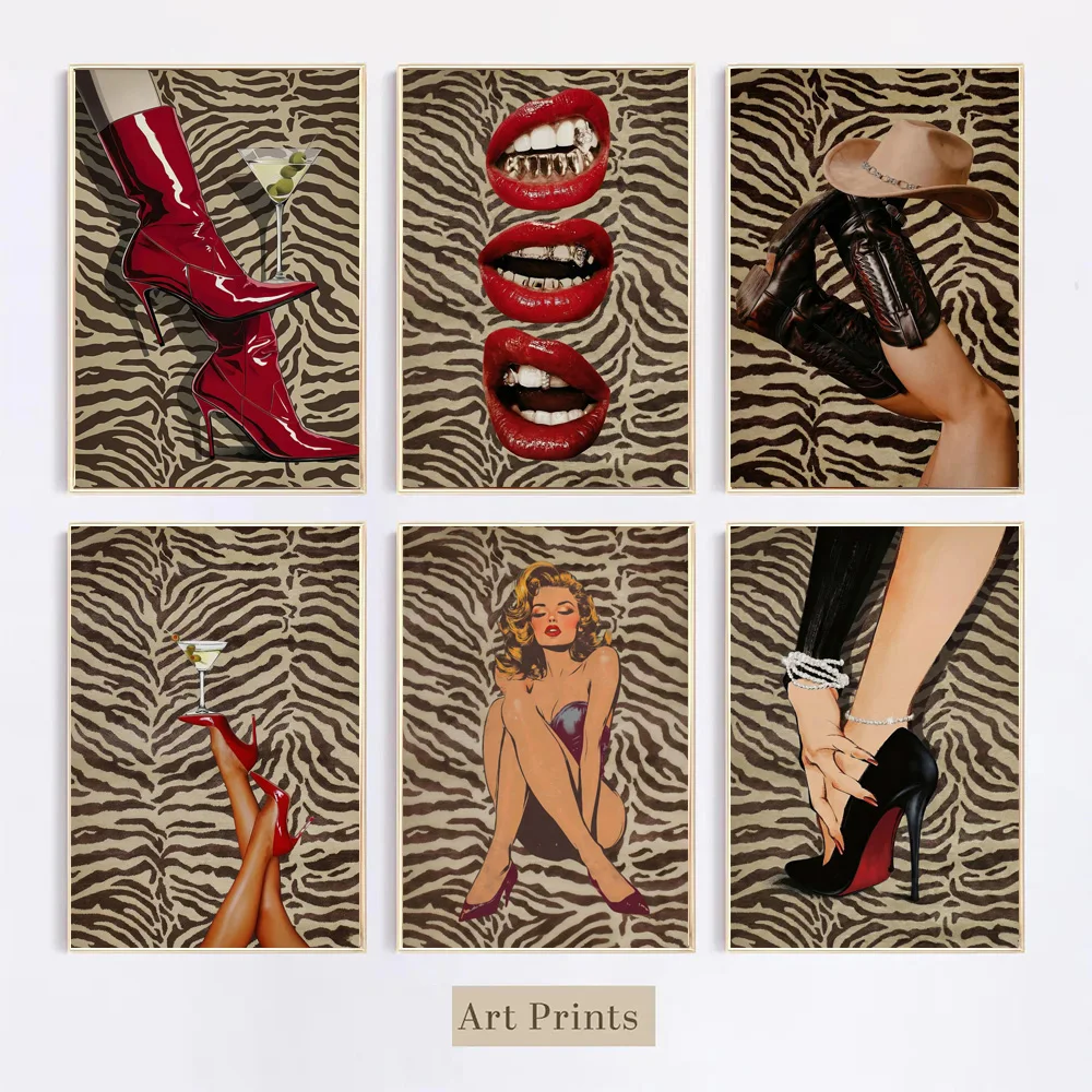 Modern Fashion Red Heels Martini Poster And Prints Bold Glam Chic Wall Decor Pop Art Leopard Print Girl Canvas Painting