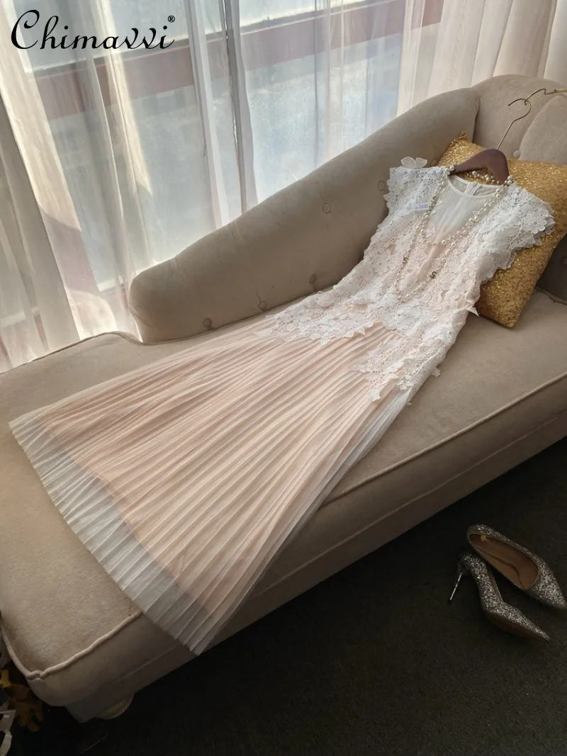 

Fashion Evening Gown for Women 2026 Summer Clothes New High-end Banquet Dress Round Neck High Waist Elegant Midi Lace Dresses