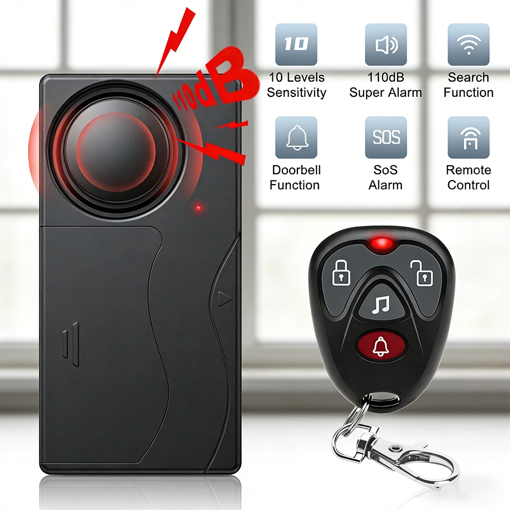 Wireless Door Window Vibration Sensor Alarm Wireless Remote 110dB Anti-Theft Vibration Alarm with 10 Levels Sensitivity for Moto