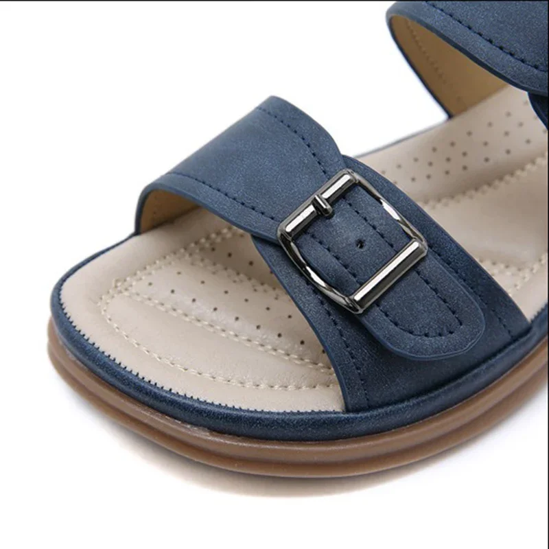 Summer Women 1.5 Platform 2.5cm Wedges Low Heels Slippers Female Soft Leather Flats Shoes Lady Fashion Metal Buckle Strap Slides