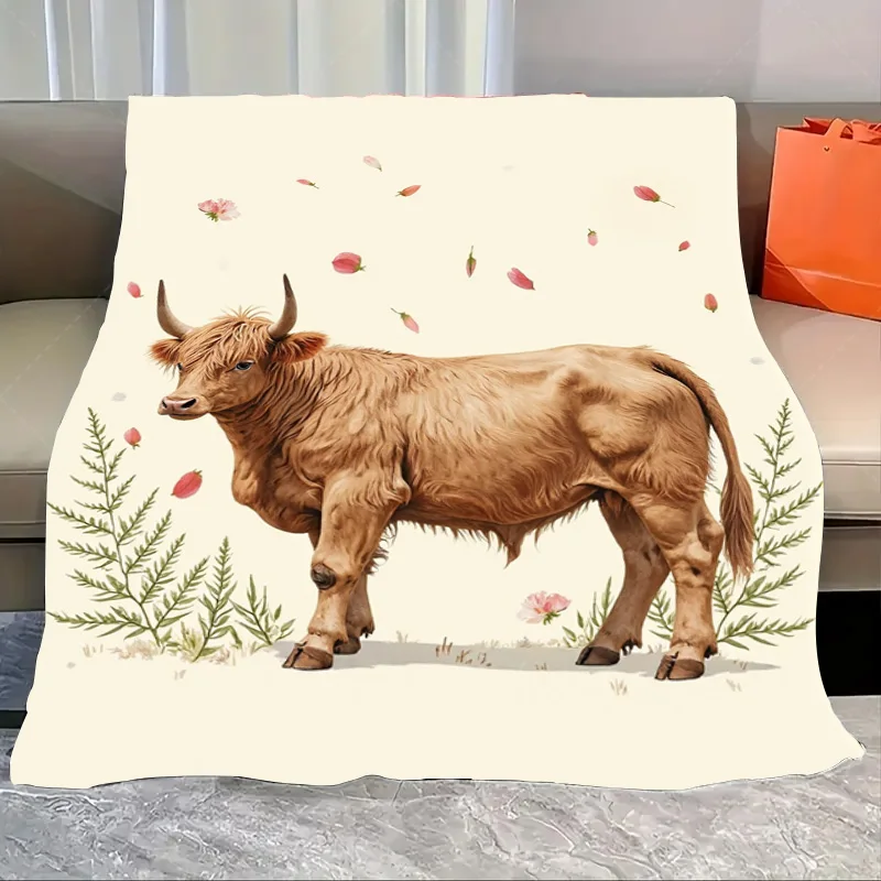 

1pc Flannel Blanket Rustic Highland Cow Blanket with Floral Accents for Cozy Home Decor