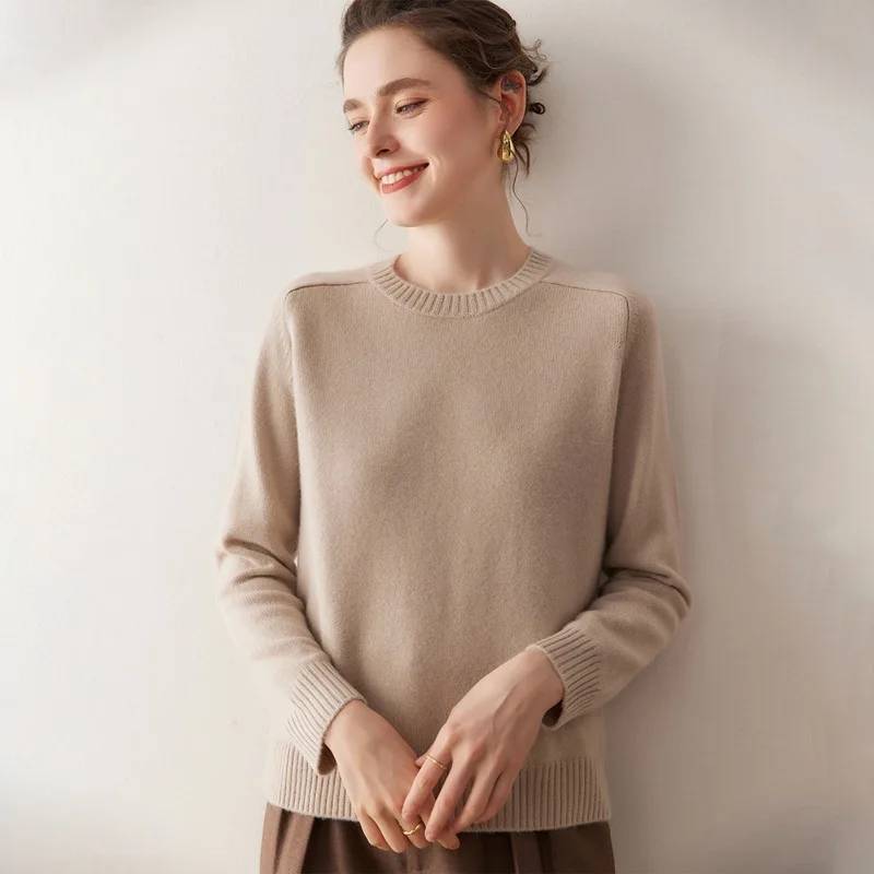 Suéter informal de punto para mujer, Otoño/Invierno, 100% de Cachemira, cuello redondo, manga larga, hombros descubiertos, suelto, Color sólido, moda