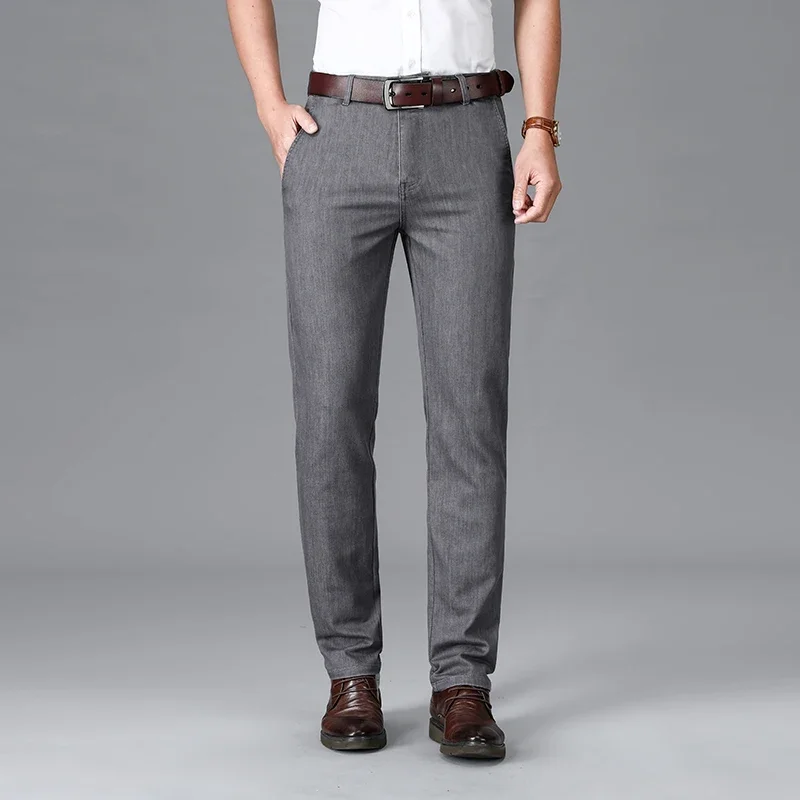 Spring Summer Business Casual Denim Stretch Pants High Quality Cotton Fashion Trousers Classic  Men's Thin Straight Grey Jeans
