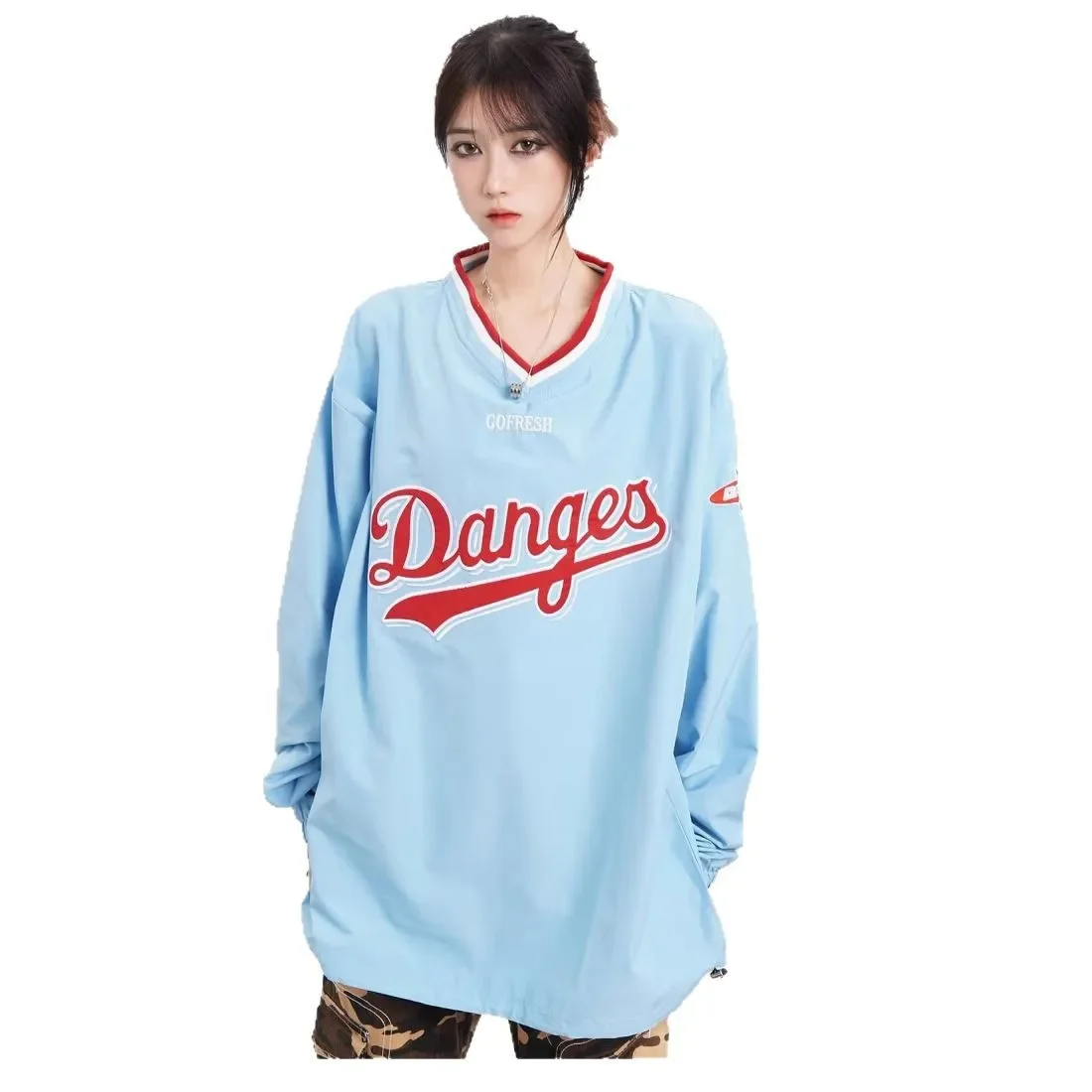 الرجعية الأمريكية نمط فضفاض صالح البلوز عارضة الشارع الشهير للأزواج الرجال النساء ربيع الخريف الخامس الرقبة المطبوعة أعلى