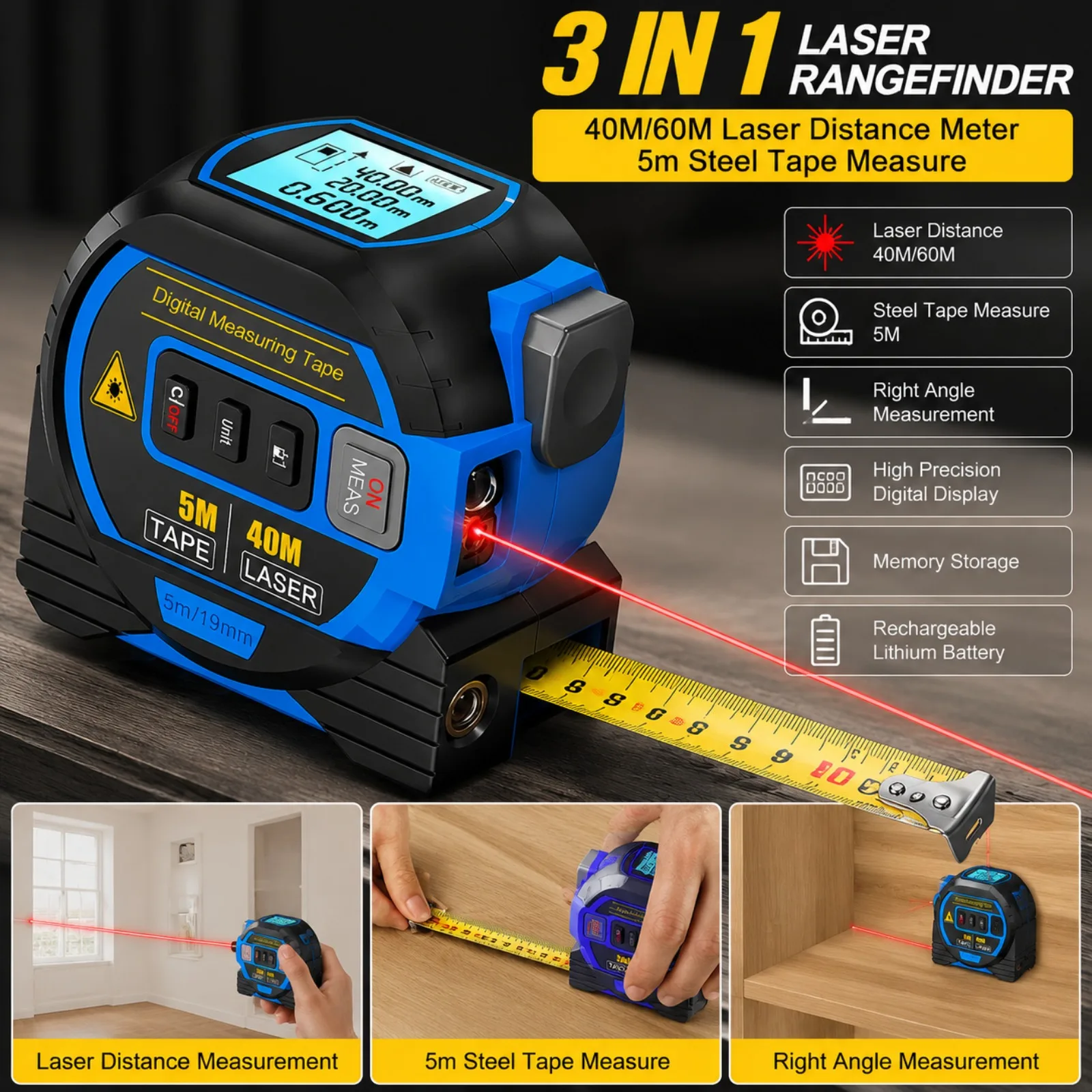 STONEGO 3 in 1 Laser Tape Measure 40M 60M Infrared Distance Measure High Precision Smart Energy Ruler Tool
