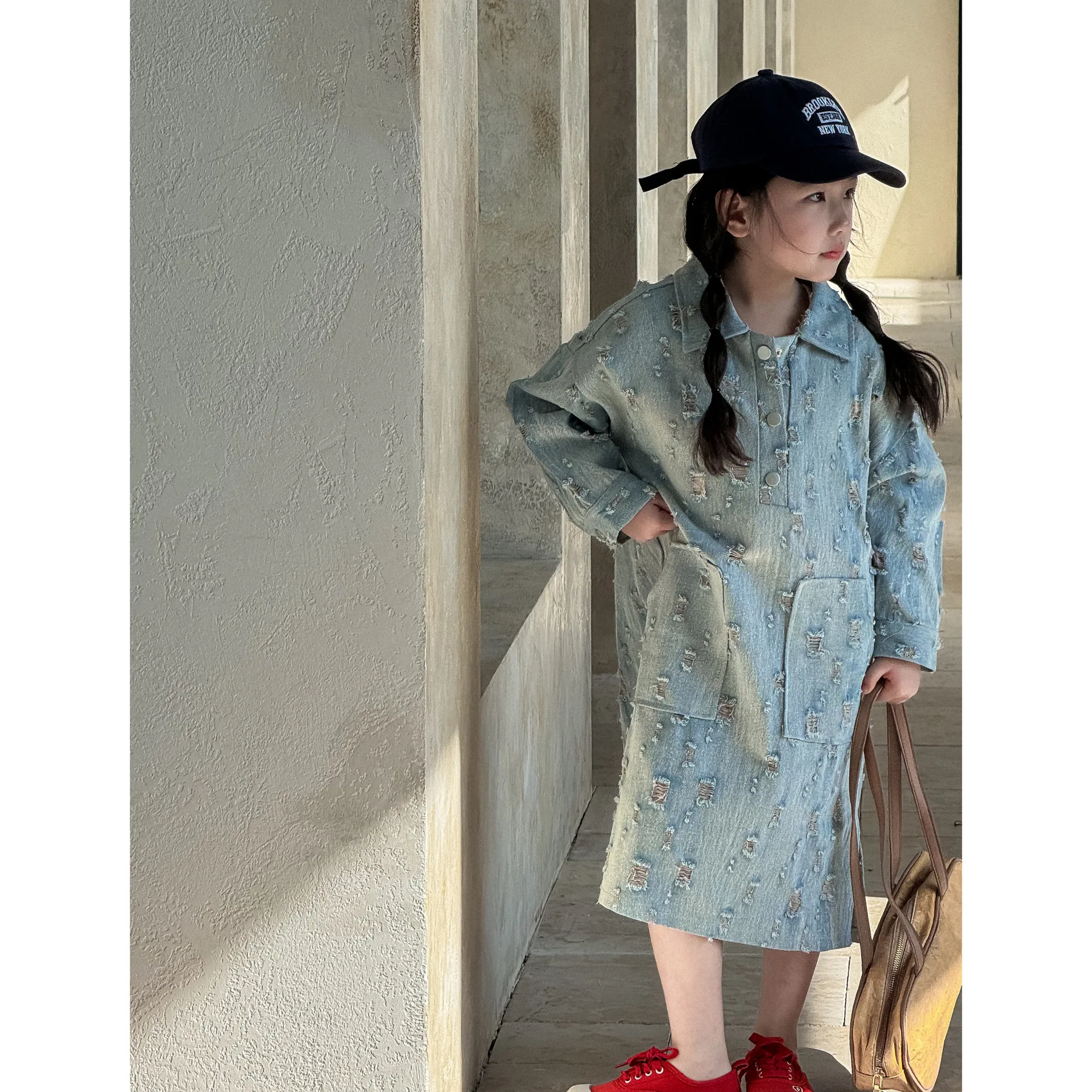 2026 Girls Spring and Summer New Denim Skirt Loose Fashionable Stylish Long Skirt Girls Denim Ripped Shirt Dress