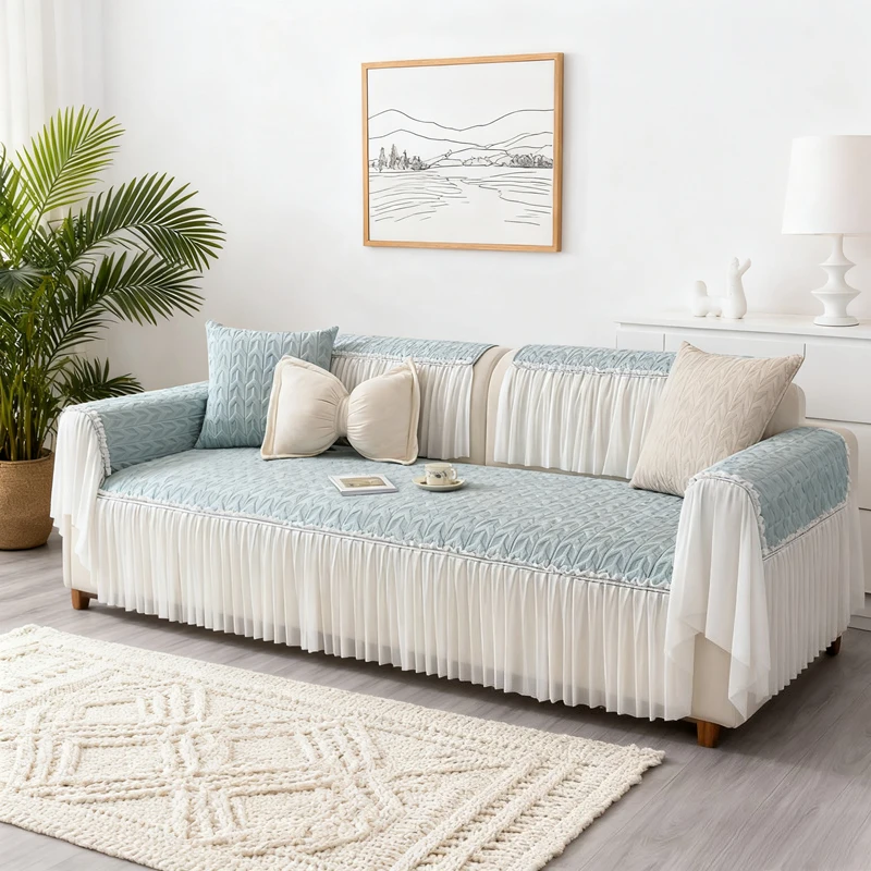 Нескользящий хлопковый чехол для дивана в клетку, украшенный кружевом, шезлонг, универсальная угловая подушка для дивана на четыре сезона, полотенце 1/2/3/4-местное