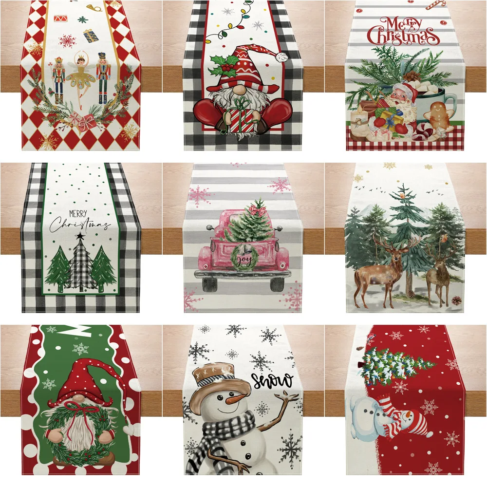 

2026 Christmas Table Runner New Xmas Creative Print Linen Dinner Table Mat Tablecloth Merry Christmas Decor Home Xmas Ornaments