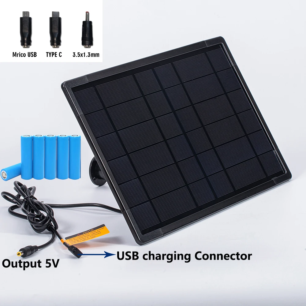 Wodoodporny panel słoneczny 12 W Wbudowana bateria 18650 Zewnętrzny kabel 2 m Ładowany przez USB i typ C Zasilany 5 V do kamery IP bezpieczeństwa w