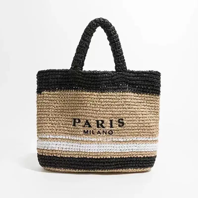 Raffia Crochet straw tote bag women handmade large capacity summer beach woven handbag black natrual 2023 new