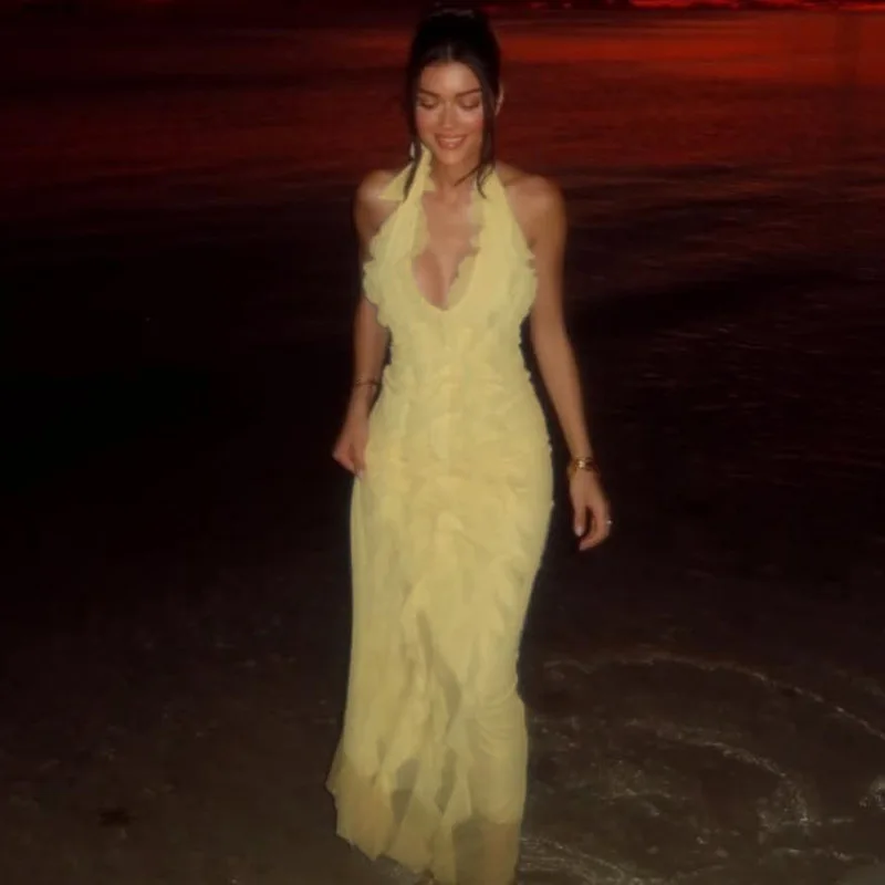 Sólido babados malha em camadas rendas até halter sem costas bodycon maxi vestido de festa feminino sexy decote em v sem mangas férias longo robe