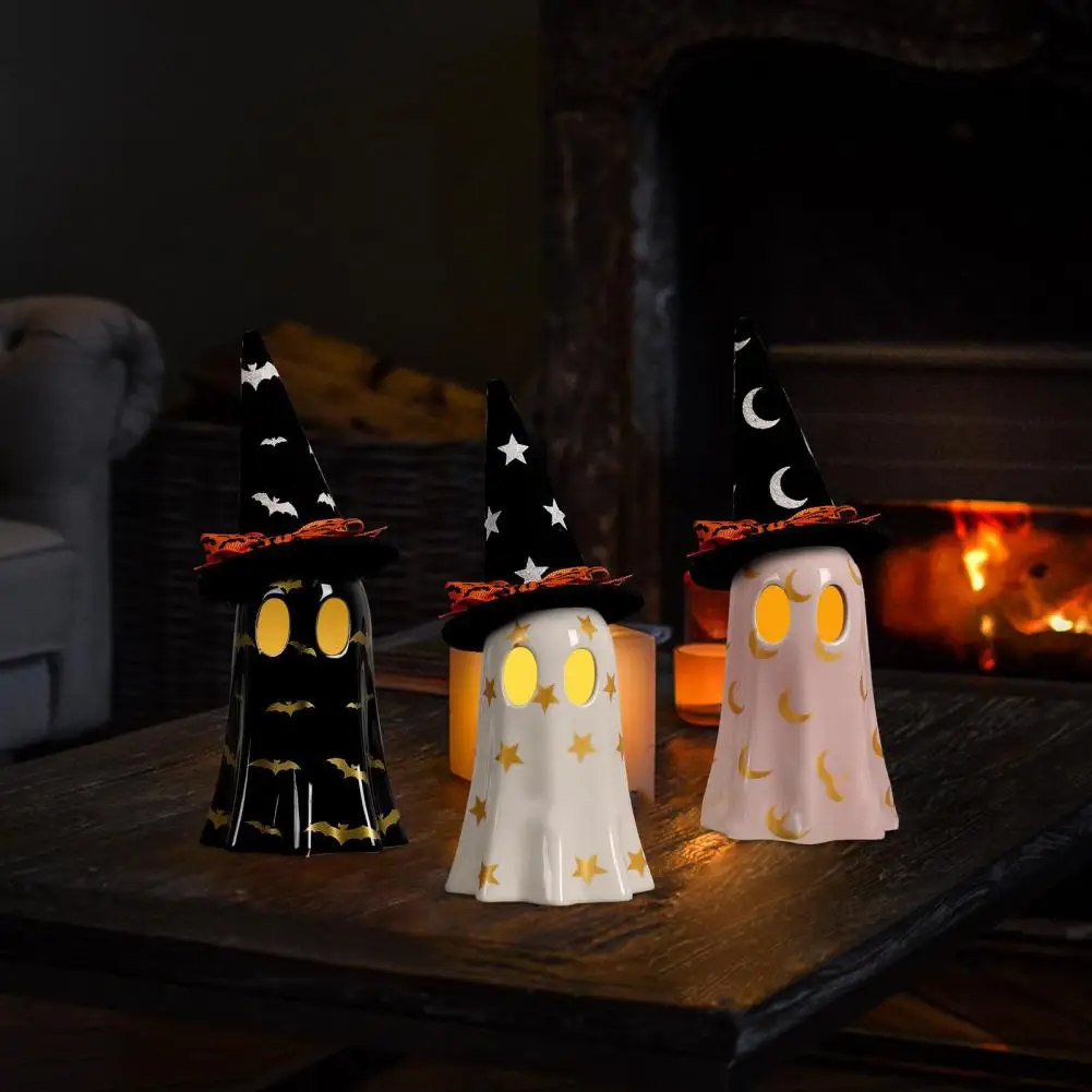 Neutral Tone Halloween Decor Spooky Halloween Ghost Decorations Set with Witch Hat Resin Ghost Figurine Desktop for Fall