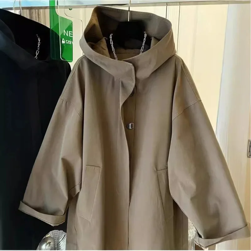 New Arrival Women Trench Coat For Autumn Loose Fit Hooded Trench Coat In Mid-Length Trendy Outdoor Casual Jacket Retro Overcoat