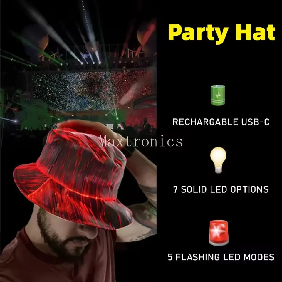 Fashionable Led Mutil-Color Luminous Glowing Hat Fiber Optic Cyberpunk Luminous Bucket Hat