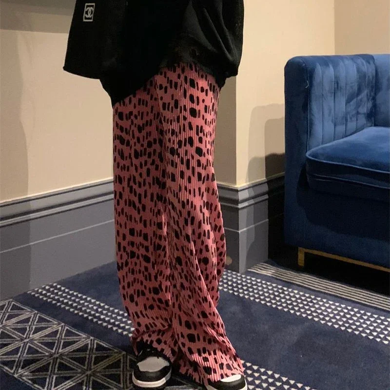 

Розовые брюки с леопардовым принтом для женщин, летние, в стиле милый шик, полной длины, новые, винтажные, модные, с высокой талией, повседневные, уличные, прямые, женские, в стиле хипстер