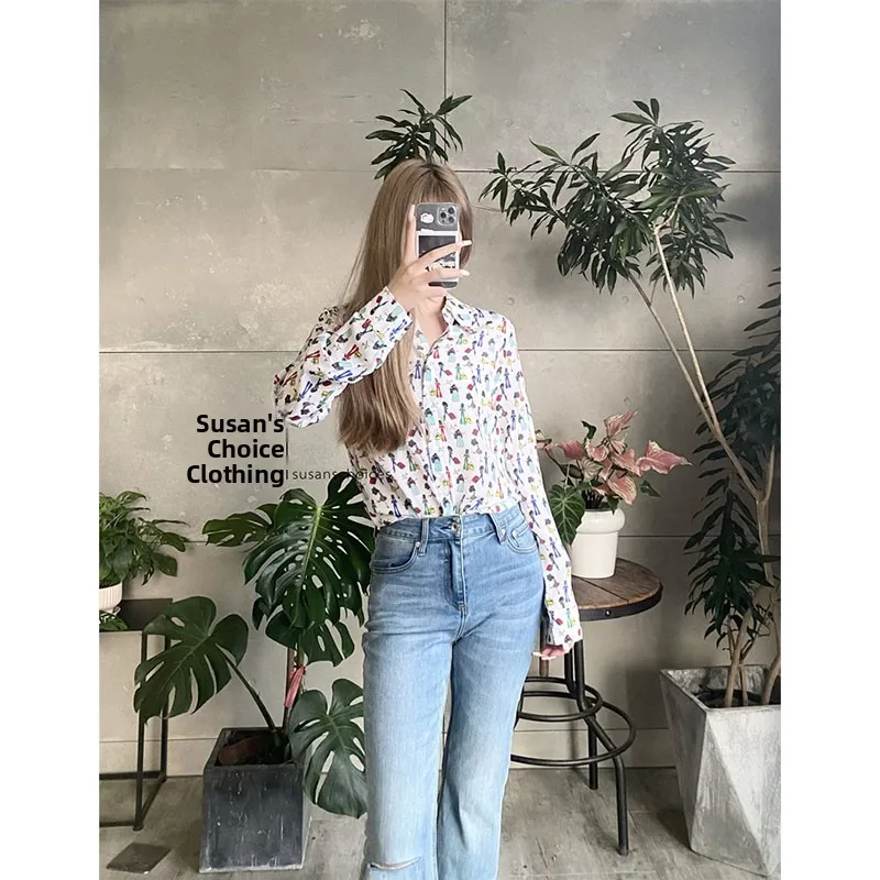 

Susan Faionable Silk irt Long Sve Street Sle Cartoon Pattern Commute Versatile Straight Cut Women's Premium Top