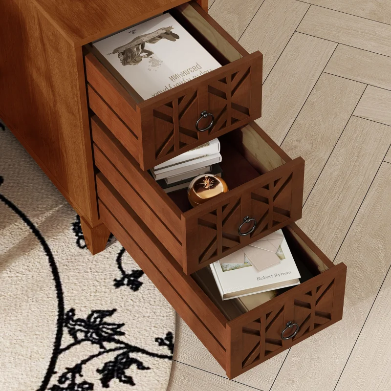 طاولة جانبية زاوية طويلة لغرفة النوم 4 أرفف مفتوحة 3 أدراج تصميم تخزين تاريخ إدخال الوصول المتوقع