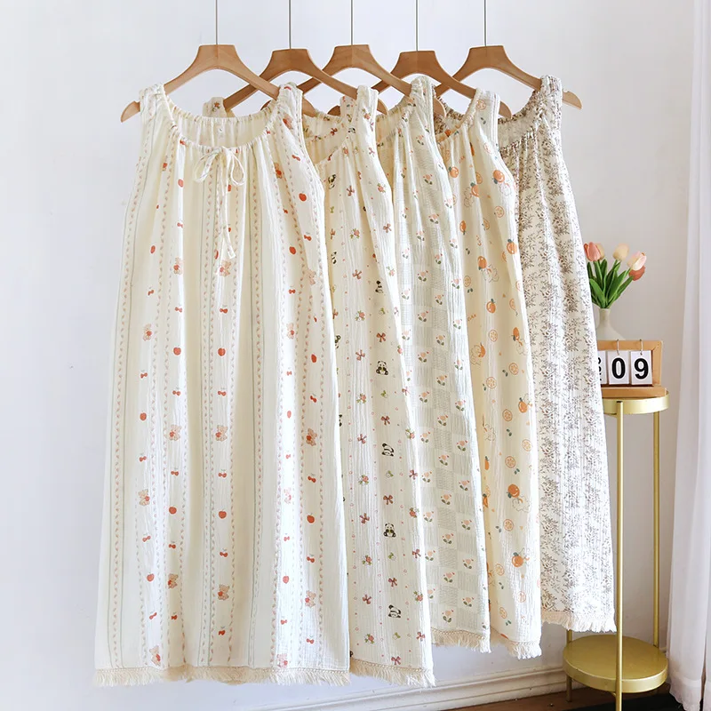 

Women Summer New Cartoon Print Cotton Camisole Pajamas Dress Sexy Sleeveless Mid-long Home Wear Nightgown Slip Dresses