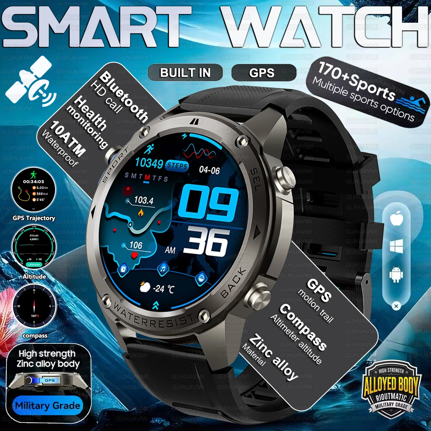 2026 New Built in GPS Smart Watch 170+ sports Men Call Heart Rate Monitoring 10ATM Waterproof Zinc alloy Smart Watch Men