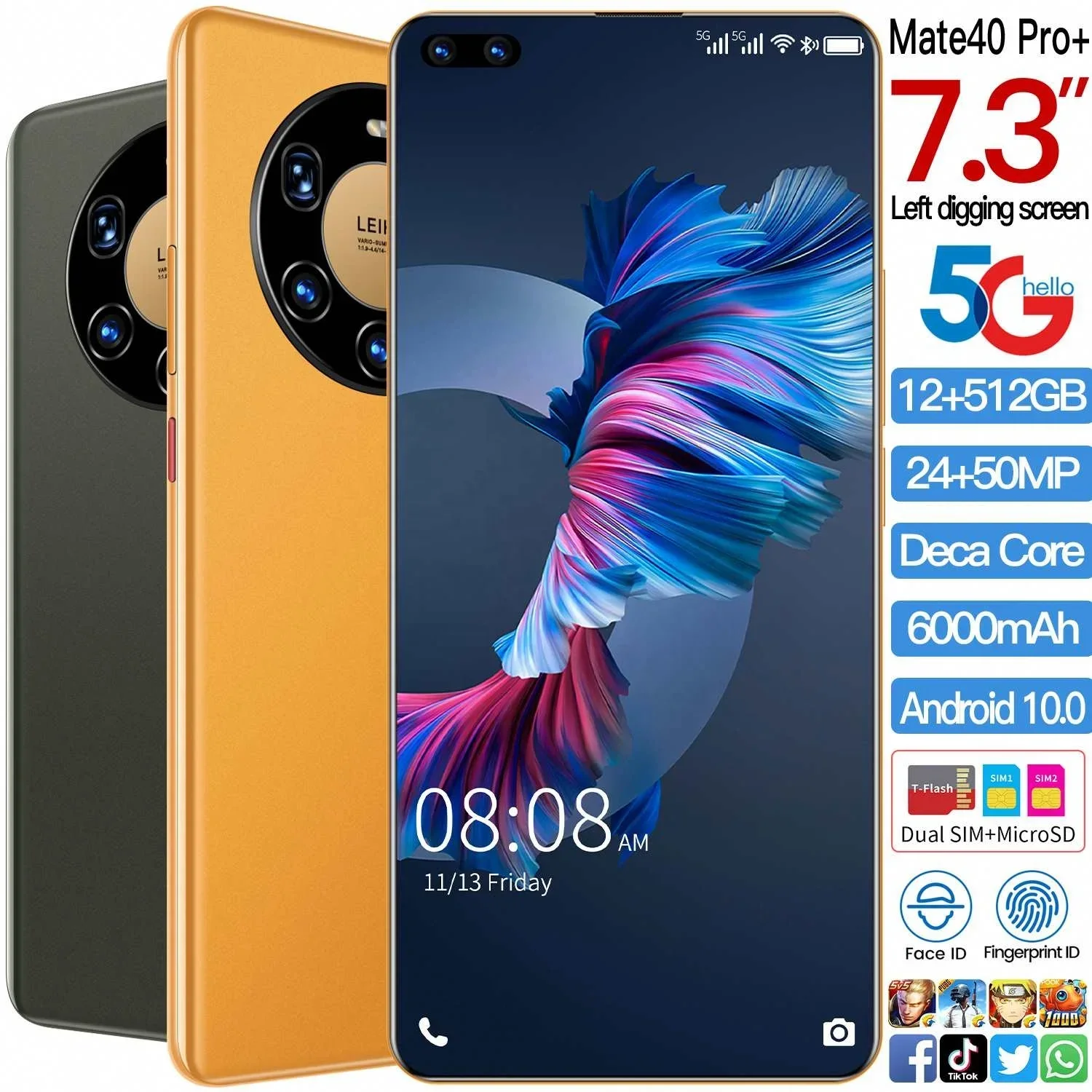 YYHC-2023 Hot Sale 7.3 Inch Full Screen Mate40 Pro+ Smartphone Android 10.0 12G+512G Face Unlock Mobile Phone Cell Phone