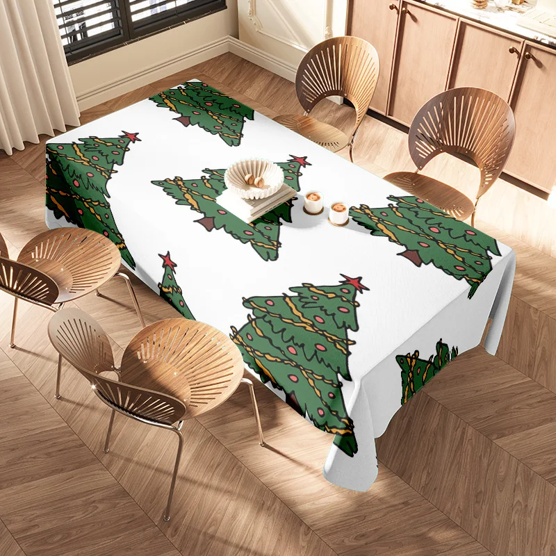 Modern Christmas Tree Decorated Tablecloth with Blue Plate Holder Set for Holiday Party Decoration Green White (Table Cover)
