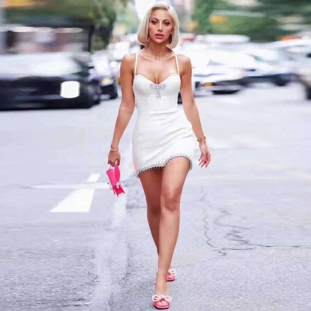 Chic Wedding Dresses for Parties Jersey Sheath/Column Wedding Dresses Women Ivory Spaghetti Strap Rhinestones Wedding Dress Mini
