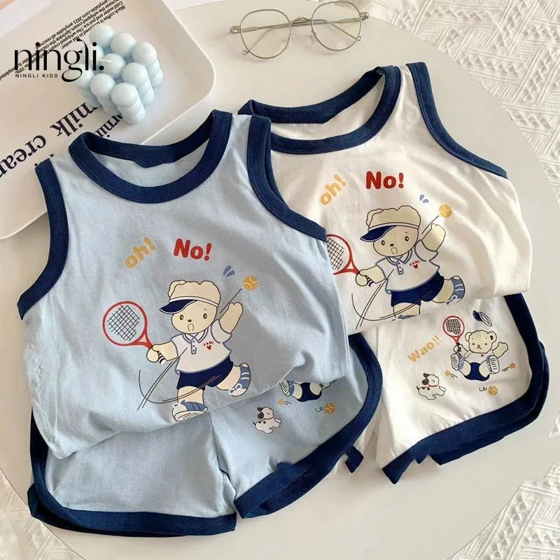 

Baby Vest Sleeveless Suit Summer New Cartoon Boys and Girls Small and Older Kids Western Style Cute Shorts Two-Piece Set