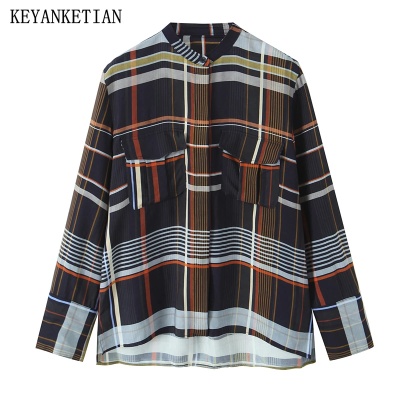 

KEYANKETIAN 2025 Autumn New Women's Plaid Shirt Retro style Flap Pockets Single Breasted Long Sleeve Leisure Blouses Loose Top