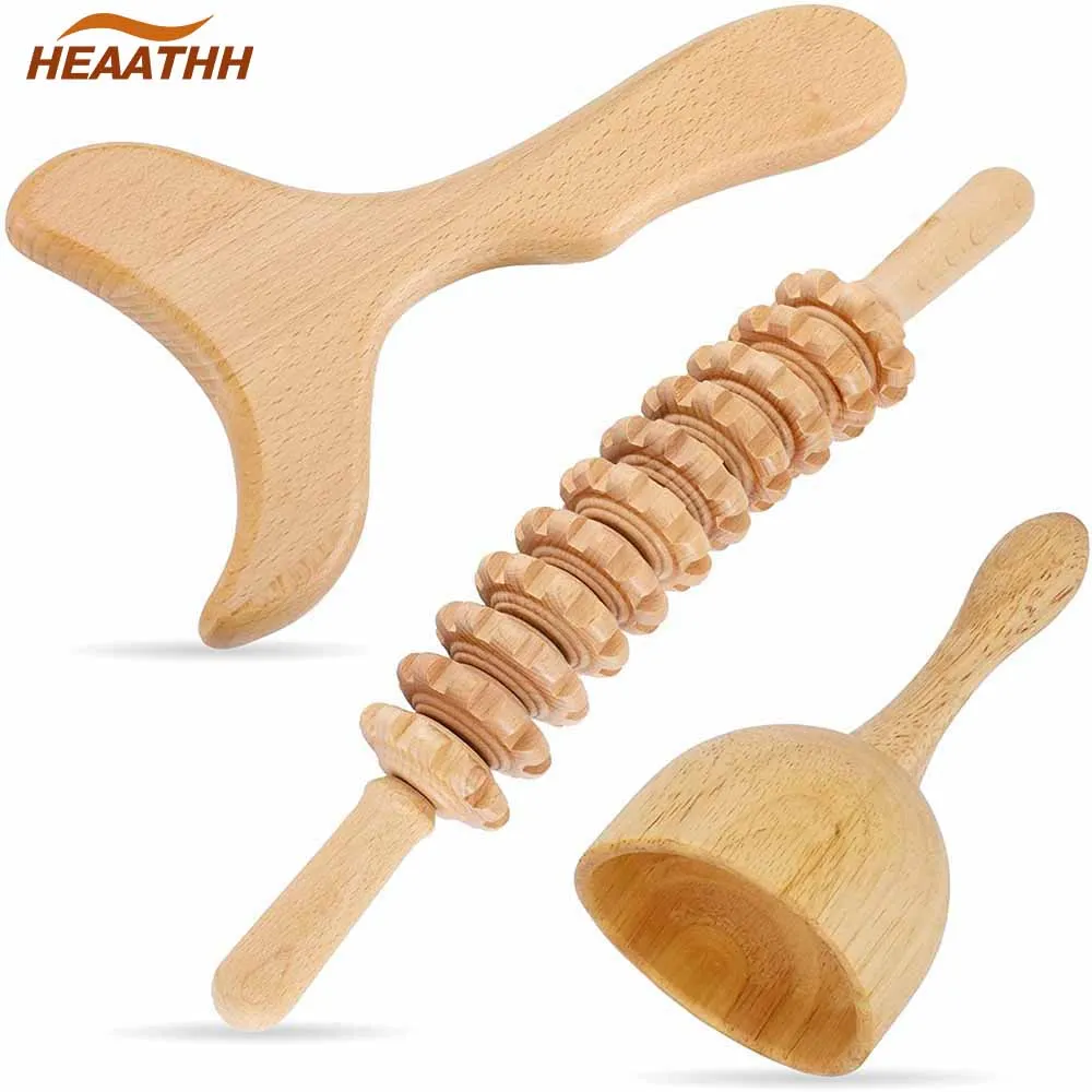 3Pcs Wood Therapy Massage Anti Cellulite Roller Gua Sha Tool Massage Cup for Lymphatic Drainage Point Pain Release Muscle Relief