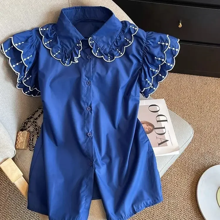 Azul voando manga camisa feminina verão novo vintage doce peter pan colarinho único breasted blusas topos 2025 verão novo