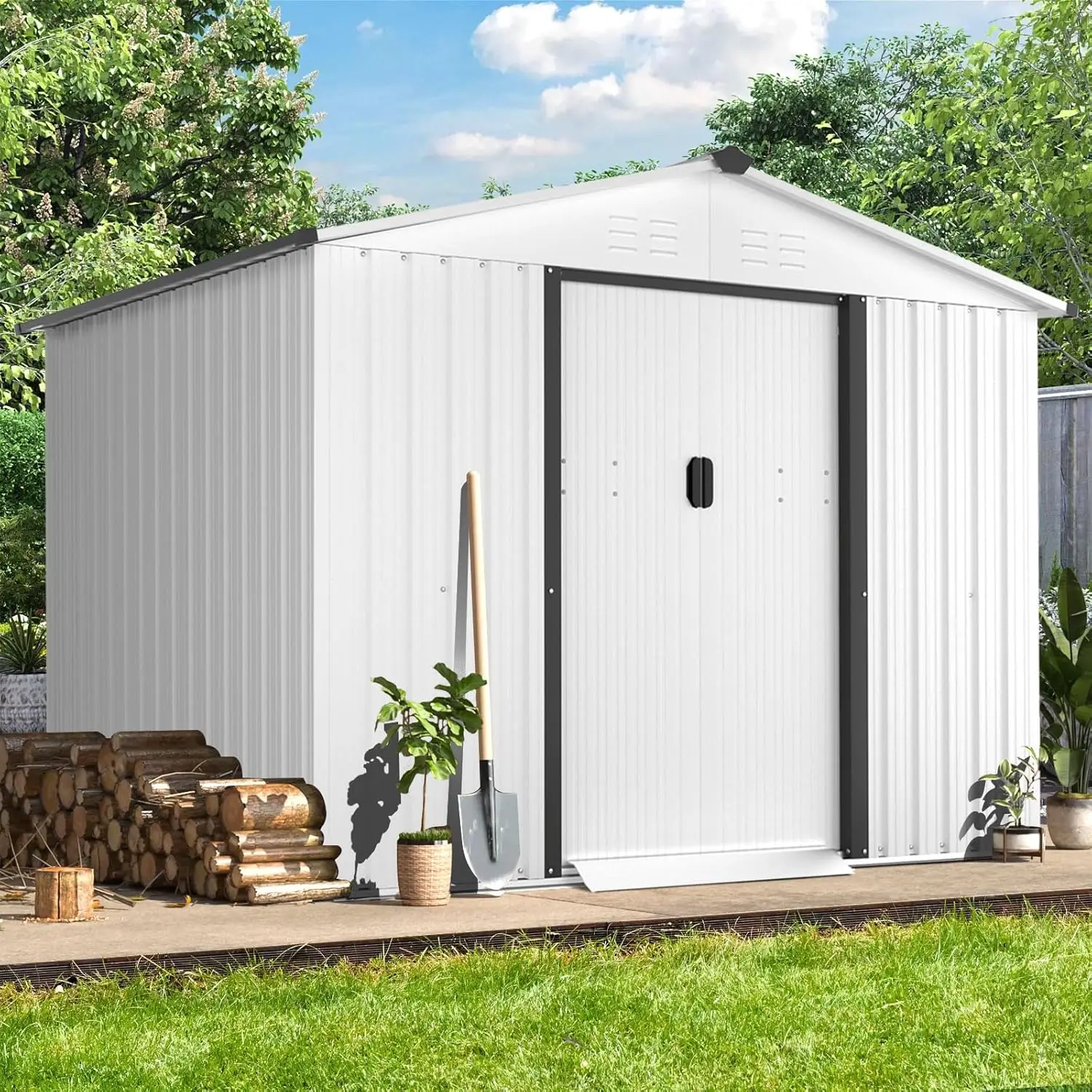 6X8 Ft Outdoor Storage Shed, Metal Shed Kit With Double Doorknobs And Air Vents, Double Sloping Roof Garden Shed, Galvanized