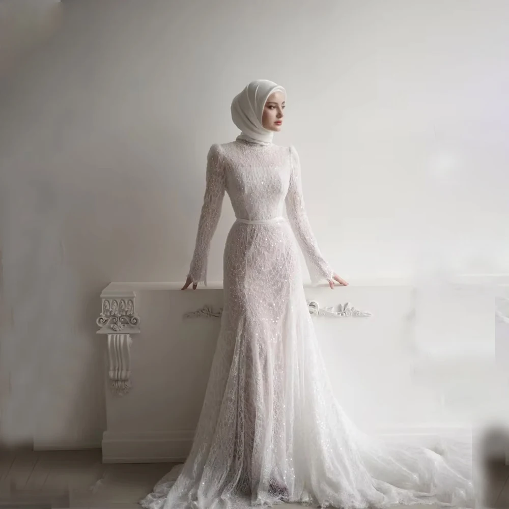 

Luxury Muslim Wedding Dresses with Hijab for Bride High Neck Long Sleeve Mermaid Lace Bridal Gown Customized robe de mariée