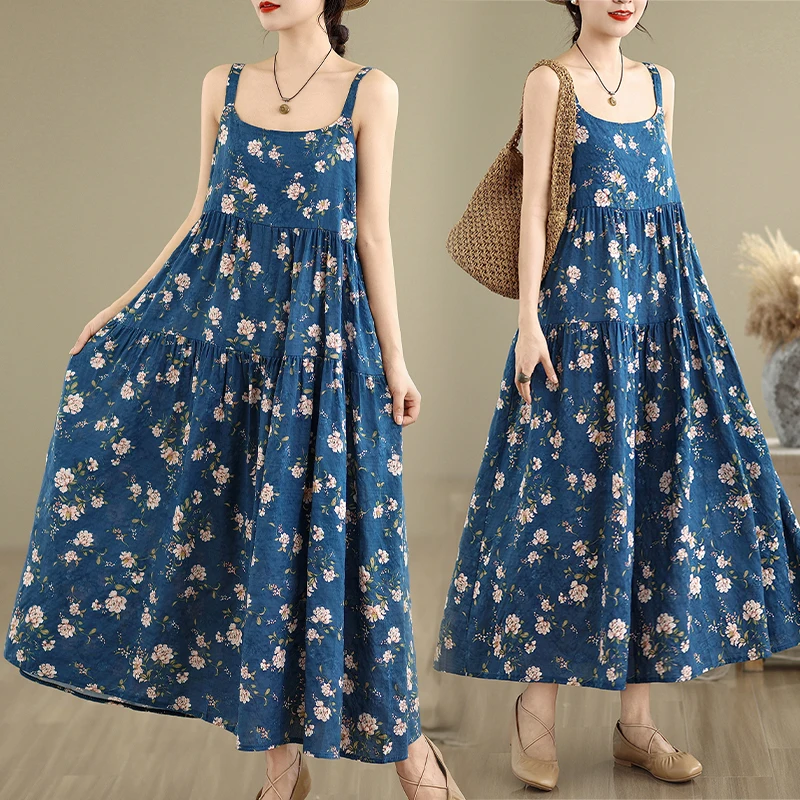 

High Waist Floral Cotton Lin Dr Summer Thin Medium Length Skirt Sli Casual Women's Dr Quali Material