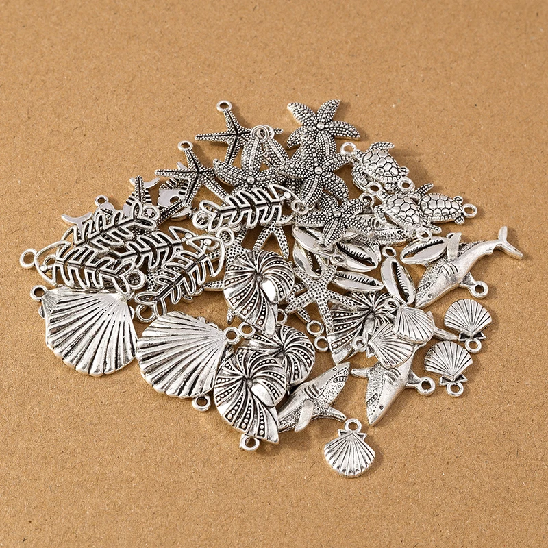 20pcs Silver Color Alloy Mermaid Life Charms Starfish Shell Tortoise Pendants for Necklace Earrings DIY Bracelet Accessories